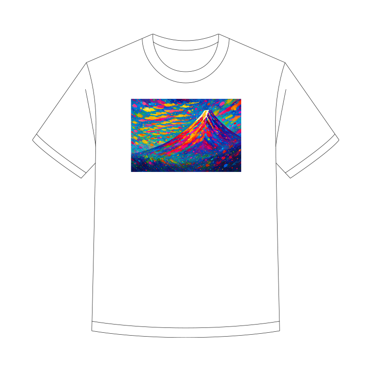カラフルなサイケデリック調で描かれた富士山のアートデザインTシャツ。和風ネオンスタイル。