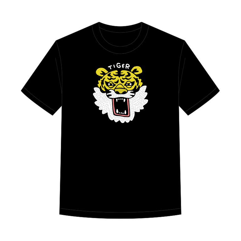 虎の顔を中央に配置した力強い和風アニマルデザイン。黒地に映えるポップアートTシャツ