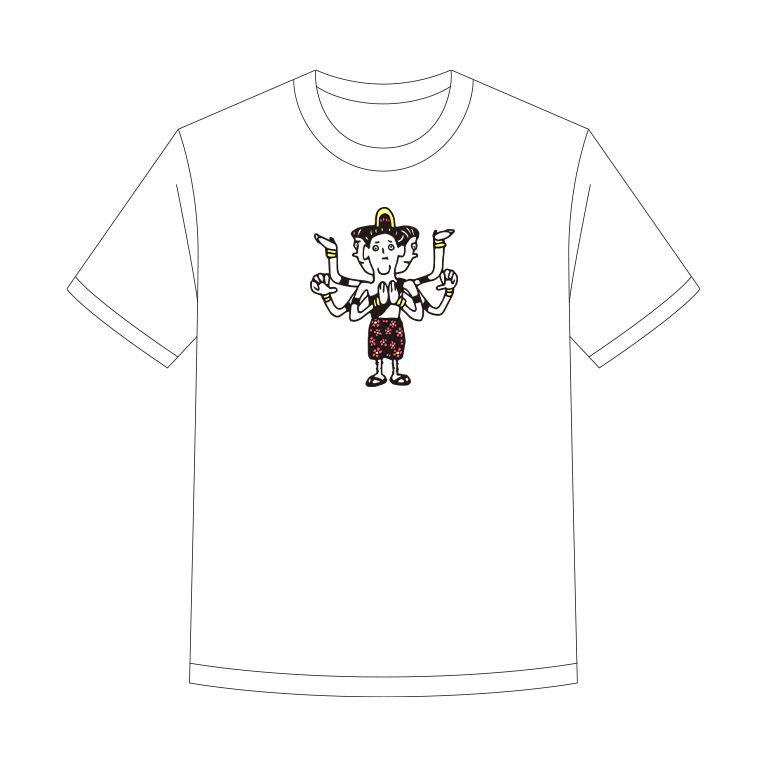 阿修羅像をかわいくデフォルメしたゆるキャラ風デザイン。ユニークな仏像アートTシャツ